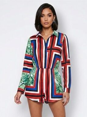Pretty Little Thing, Multi-Color Striped & Leaf Print Romper - M